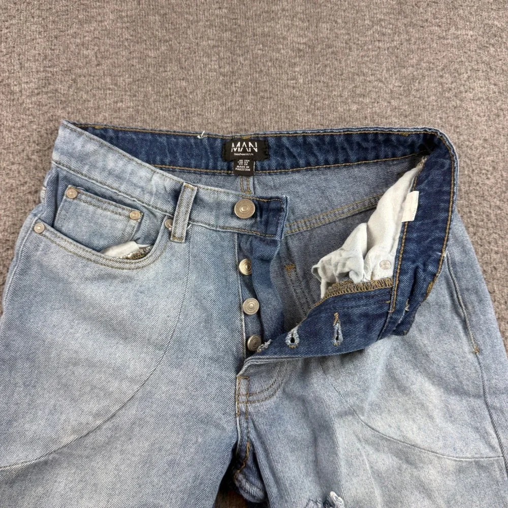 boohooMAN Jeans Men's 28 Blue Distressed Patchwork Straight Leg Streetwear